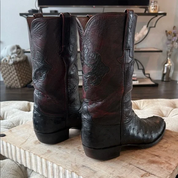 Lucchese Men’s 11.5 Handmade Black Cherry Full Quill Ostrich Cowboy Boots - Picture 6 of 7